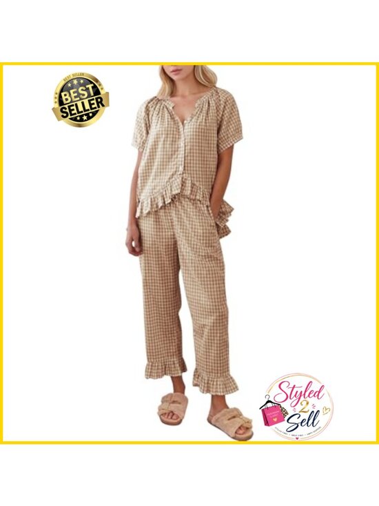 Other - 100% Cotton Gingham Pajama Set Short Sleeve Button-Up Lounge Set